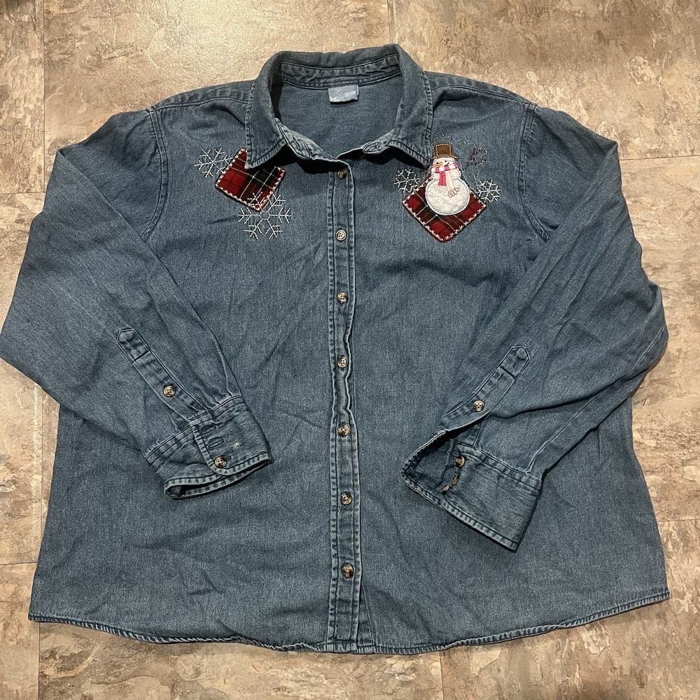 90s Denim Button Up Christmas Shirt Snowman Embroidered Holiday Top Womens XL